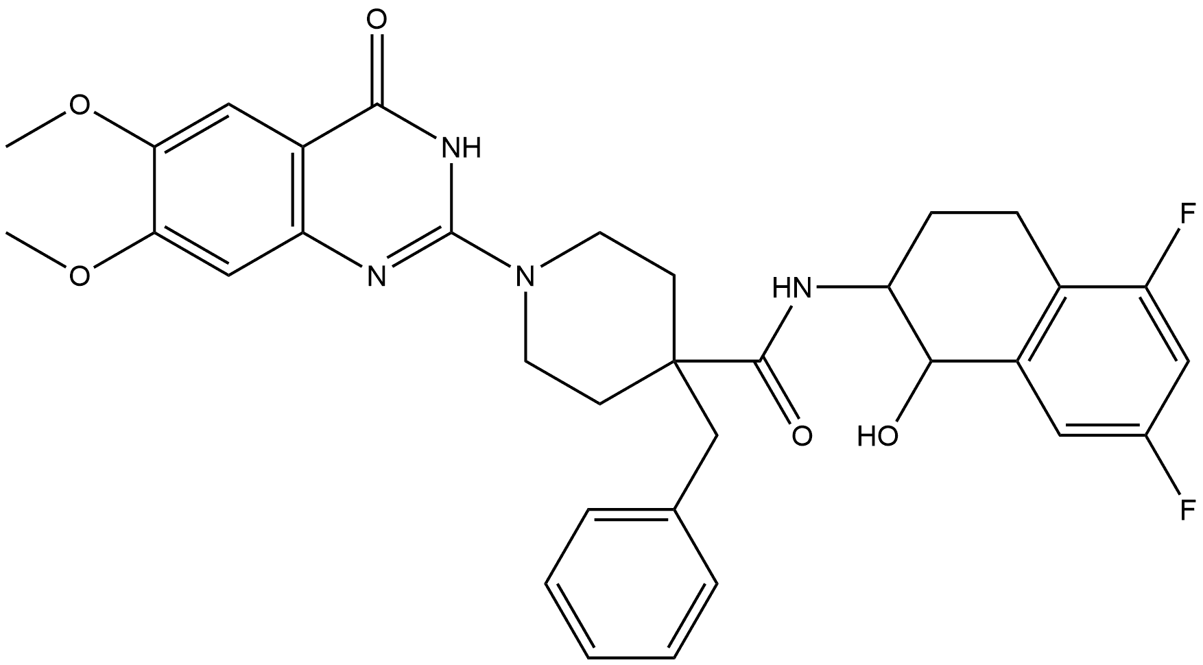 4-benzyl-N-(5,7-difluoro-1-hydroxy-1,2,3,4-tetrahydronaphthalen-2-yl)-1-(6,7-dimethoxy-4-oxo-3,4-dihydroquinazolin-2-yl)piperidine-4-carboxamide Structure