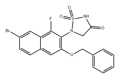 1,2,5-Thiadiazolidin-3-one, 5-[7-bromo-1-fluoro-3-(phenylmethoxy)-2-naphthalenyl]-, 1,1-dioxide|5-(3-(苄氧基)-7-溴-1-氟萘-2-基)-1,2,5-噻二唑烷-3-酮1,1-二氧化物
