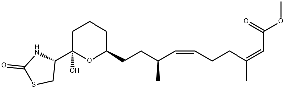 2,6-Decadienoic acid, 3,8-dimethyl-10-[(2S,6R)-tetrahydro-6-hydroxy-6-[(4R)-2-oxo-4-thiazolidinyl]-2H-pyran-2-yl]-, methyl ester, (2Z,6Z,8S)- Struktur