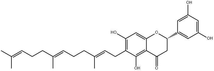 4H-1-Benzopyran-4-one, 2-(3,5-dihydroxyphenyl)-2,3-dihydro-5,7-dihydroxy-6-[(2E,6E)-3,7,11-trimethyl-2,6,10-dodecatrien-1-yl]-, (2S)- 结构式