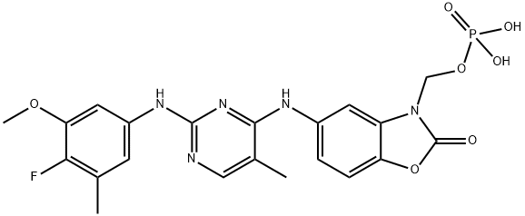 2(3H)-Benzoxazolone, 5-[[2-[(4-fluoro-3-methoxy-5-methylphenyl)amino]-5-methyl-4-pyrimidinyl]amino]-3-[(phosphonooxy)methyl]-,1237168-58-9,结构式