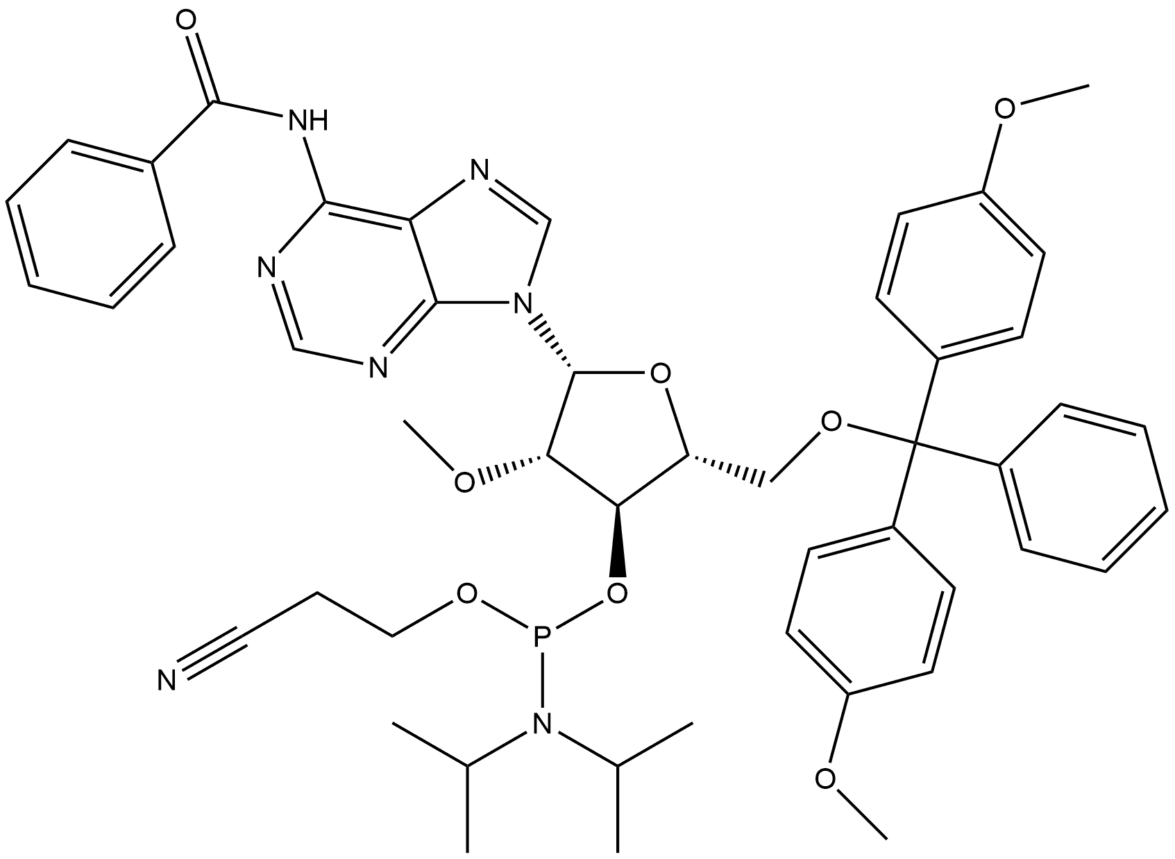 Benzamide, N-[9-[5-O-[bis(4-methoxyphenyl)phenylmethyl]-3-O-[[bis(1-methylethyl)amino](2-cyanoethoxy)phosphino]-2-O-methyl-β-D-arabinofuranosyl]-9H-purin-6-yl]- Structure