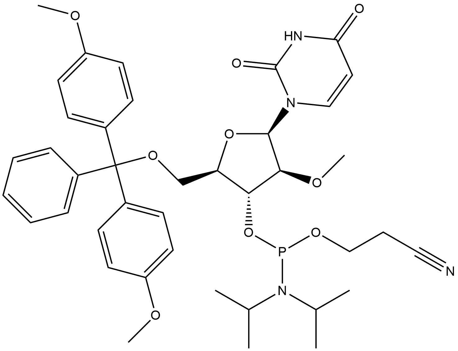 1-[5-O-[Bis(4-methoxyphenyl)phenylmethyl]-3-O-[[bis(1-methylethyl)amino](2-cyanoethoxy)phosphino]-2-O-methyl-β-D-arabinofuranosyl]-2,4(1H,3H)-pyrimidinedione Structure