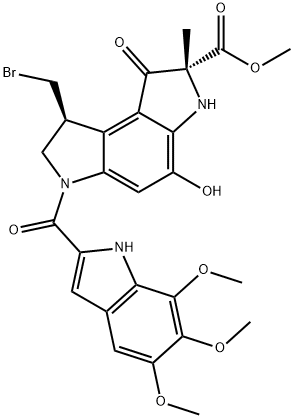 Benzo1,2-b:4,3-bdipyrrole-2-carboxylic acid, 8-(bromomethyl)-1,2,3,6,7,8-hexahydro-4-hydroxy-2-methyl-1-oxo-6-(5,6,7-trimethoxy-1H-indol-2-yl)carbonyl-, methyl ester, (2R,8S)-,124325-94-6,结构式