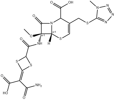 5-Thia-1-azabicyclo[4.2.0]oct-3-ene-2-carboxylic acid, 7-[[[4-(2-amino-1-carboxy-2-oxoethylidene)-1,3-dithietan-2-yl]carbonyl]amino]-7-methoxy-3-[[(1-methyl-1H-tetrazol-5-yl)thio]methyl]-8-oxo-, (6R,7S)-rel- 化学構造式