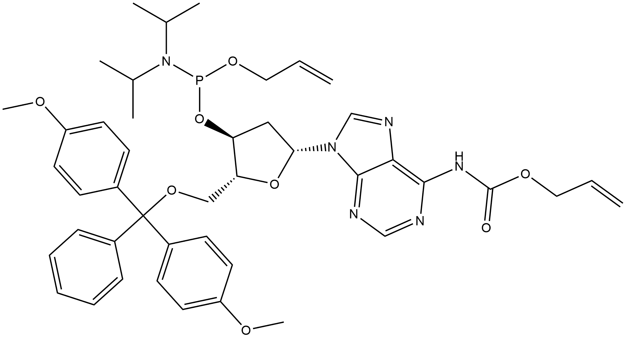 Adenosine, 5′-O-[bis(4-methoxyphenyl)phenylmethyl]-2′-deoxy-N-[(2-propenyloxy)carbonyl]-, 3′-[2-propen-1-yl N,N-bis(1-methylethyl)phosphoramidite] Structure