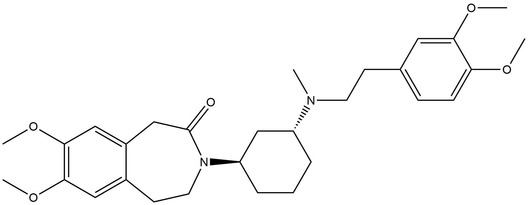 2H-3-Benzazepin-2-one, 3-[(1R,3R)-3-[[2-(3,4-dimethoxyphenyl)ethyl]methylamino]cyclohexyl]-1,3,4,5-tetrahydro-7,8-dimethoxy-, rel- Struktur