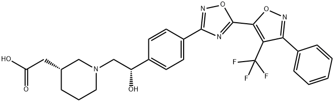 3-Piperidineacetic acid, 1-[(2S)-2-hydroxy-2-[4-[5-[3-phenyl-4-(trifluoromethyl)-5-isoxazolyl]-1,2,4-oxadiazol-3-yl]phenyl]ethyl]-, (3R)- 化学構造式