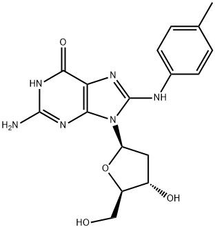 2-Amino-9-((2R,4S,5R)-4-hydroxy-5-(hydroxymethyl)tetrahydrofuran-2-yl)-8-(p-tolylamino)-1H-purin-6(9H)-one Struktur