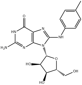 2-Amino-9-((2R,3R,4S,5R)-3,4-dihydroxy-5-(hydroxymethyl)tetrahydrofuran-2-yl)-8-(p-tolylamino)-1H-purin-6(9H)-one Struktur