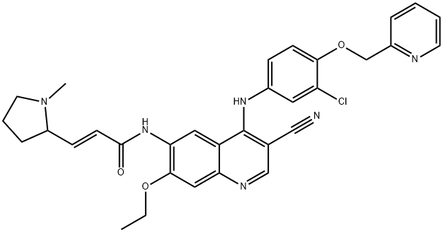 2-Propenamide, N-[4-[[3-chloro-4-(2-pyridinylmethoxy)phenyl]amino]-3-cyano-7-ethoxy-6-quinolinyl]-3-(1-methyl-2-pyrrolidinyl)-, (2E)- 化学構造式