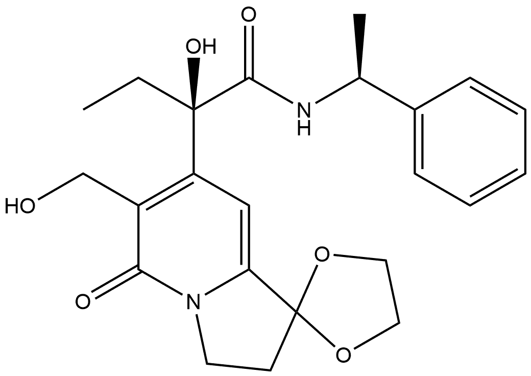 Spiro[1,3-dioxolane-2,1'(5'H)-indolizine]-7'-acetamide, α-ethyl-2',3'-dihydro-α-hydroxy-6'-(hydroxymethyl)-5'-oxo-N-(1-phenylethyl)-, [R-(R*,S*)]- (9CI) Structure