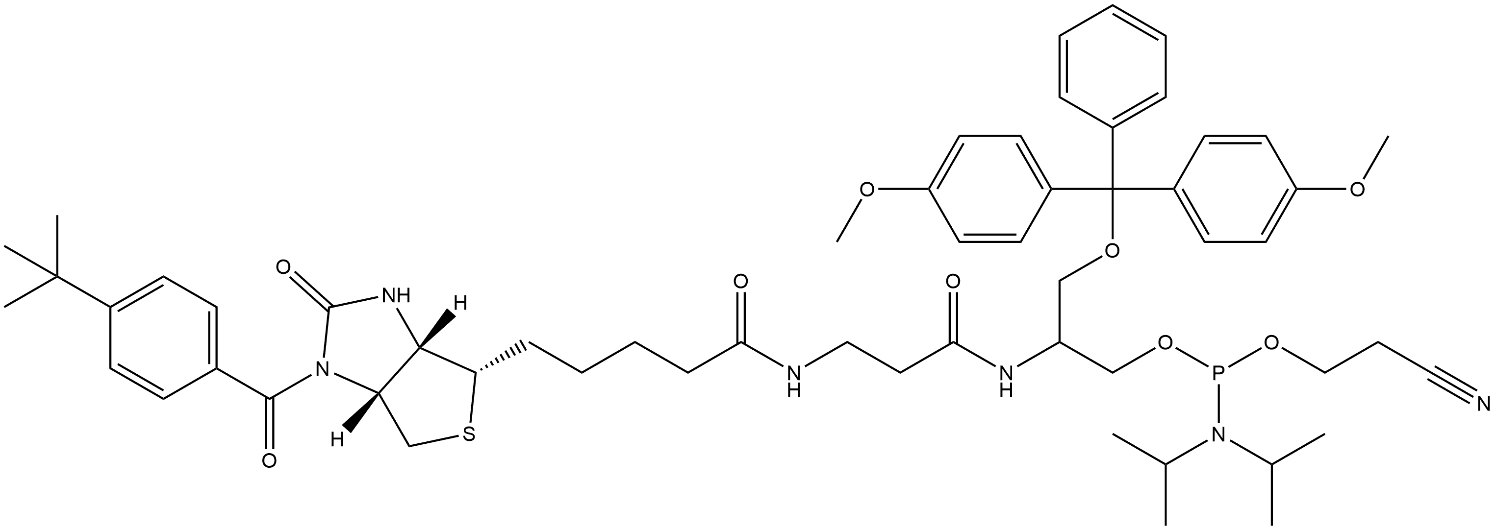 3-Dimethoxytrityloxy-2-(3-((4-t-butylbenzoyl)-biotinyl)propanamido)propyl-1-O-(2-cyanoethyl)-(N,N-diisopropyl)-phosphoramidite,1275574-85-0,结构式