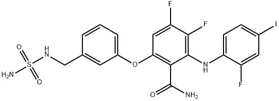 Benzamide, 6-[3-[[(aminosulfonyl)amino]methyl]phenoxy]-3,4-difluoro-2-[(2-fluoro-4-iodophenyl)amino]- 化学構造式
