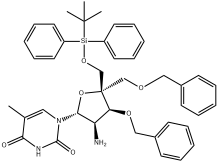 Uridine, 2'-?amino-?2'-?deoxy-?4'-?C-?[[[(1,?1-?dimethylethyl)?diphenylsilyl]?oxy]?methyl]?-?5-?methyl-?3',?5'-?bis-?O-?(phenylmethyl)?- Struktur