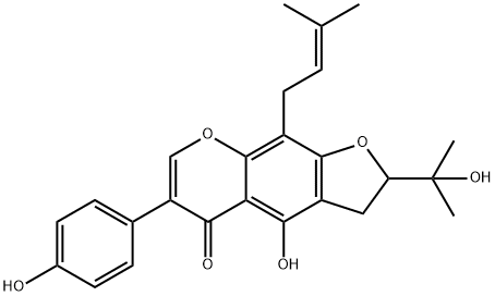 3-(4-ヒドロキシフェニル)-5-ヒドロキシ-6-(3-メチル-2-ブテニル)-8-(2-ヒドロキシプロパン-2-イル)-8,9-ジヒドロ-4H-フロ[2,3-h]-1-ベンゾピラン-4-オン 化学構造式