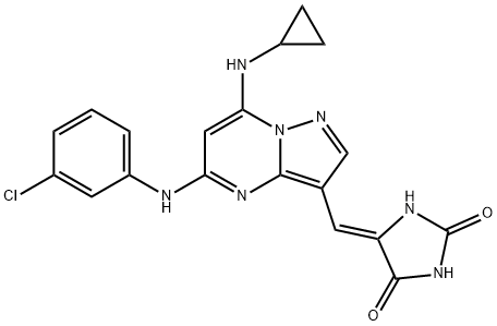 1309835-18-4 2,4-Imidazolidinedione, 5-[[5-[(3-chlorophenyl)amino]-7-(cyclopropylamino)pyrazolo[1,5-a]pyrimidin-3-yl]methylene]-, (5Z)-