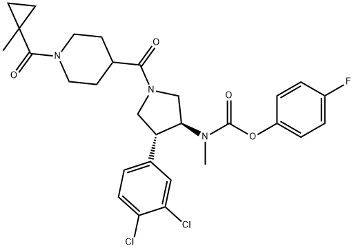 Carbamic acid, N-[(3S,4R)-4-(3,4-dichlorophenyl)-1-[[1-[(1-methylcyclopropyl)carbonyl]-4-piperidinyl]carbonyl]-3-pyrrolidinyl]-N-methyl-, 4-fluorophenyl ester Struktur