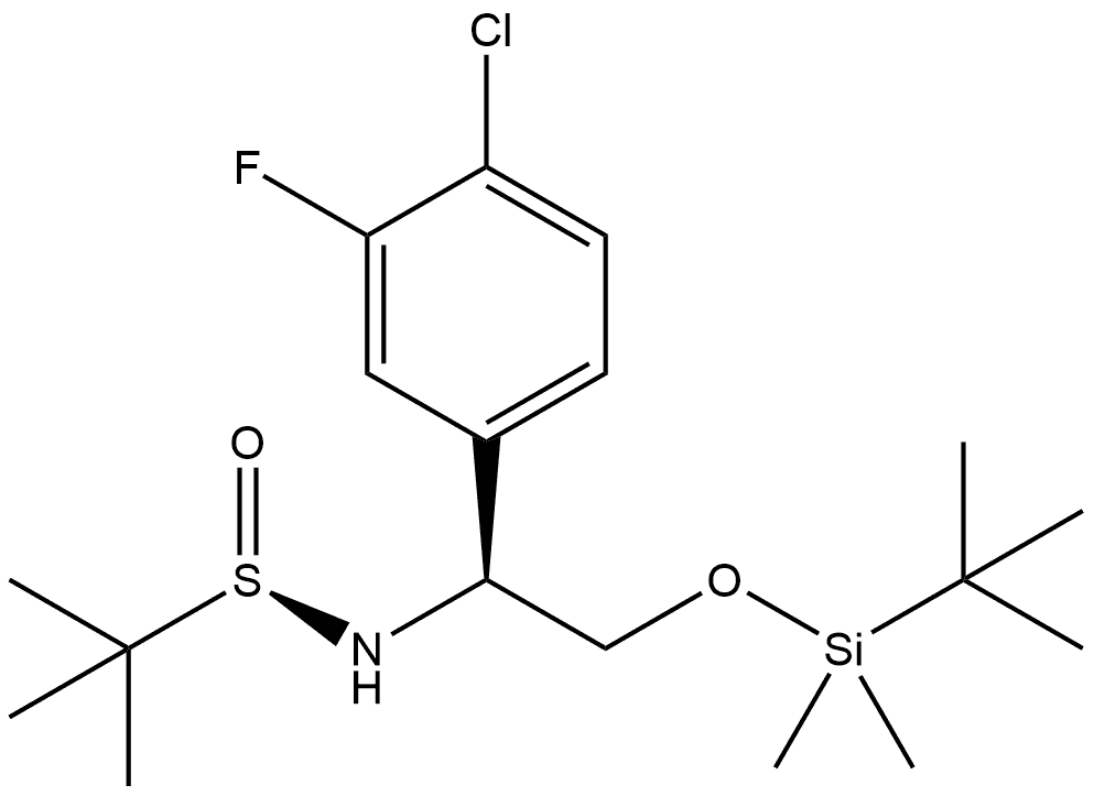 2-Propanesulfinamide, N-[(1S)-1-(4-chloro-3-fluorophenyl)-2-[[(1,1-dimethylethyl)dimethylsilyl]oxy]ethyl]-2-methyl-, [S(R)]- 化学構造式