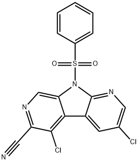 9H-Pyrrolo[2,3-b:5,4-c']dipyridine-6-carbonitrile, 3,5-dichloro-9-(phenylsulfonyl)- 化学構造式