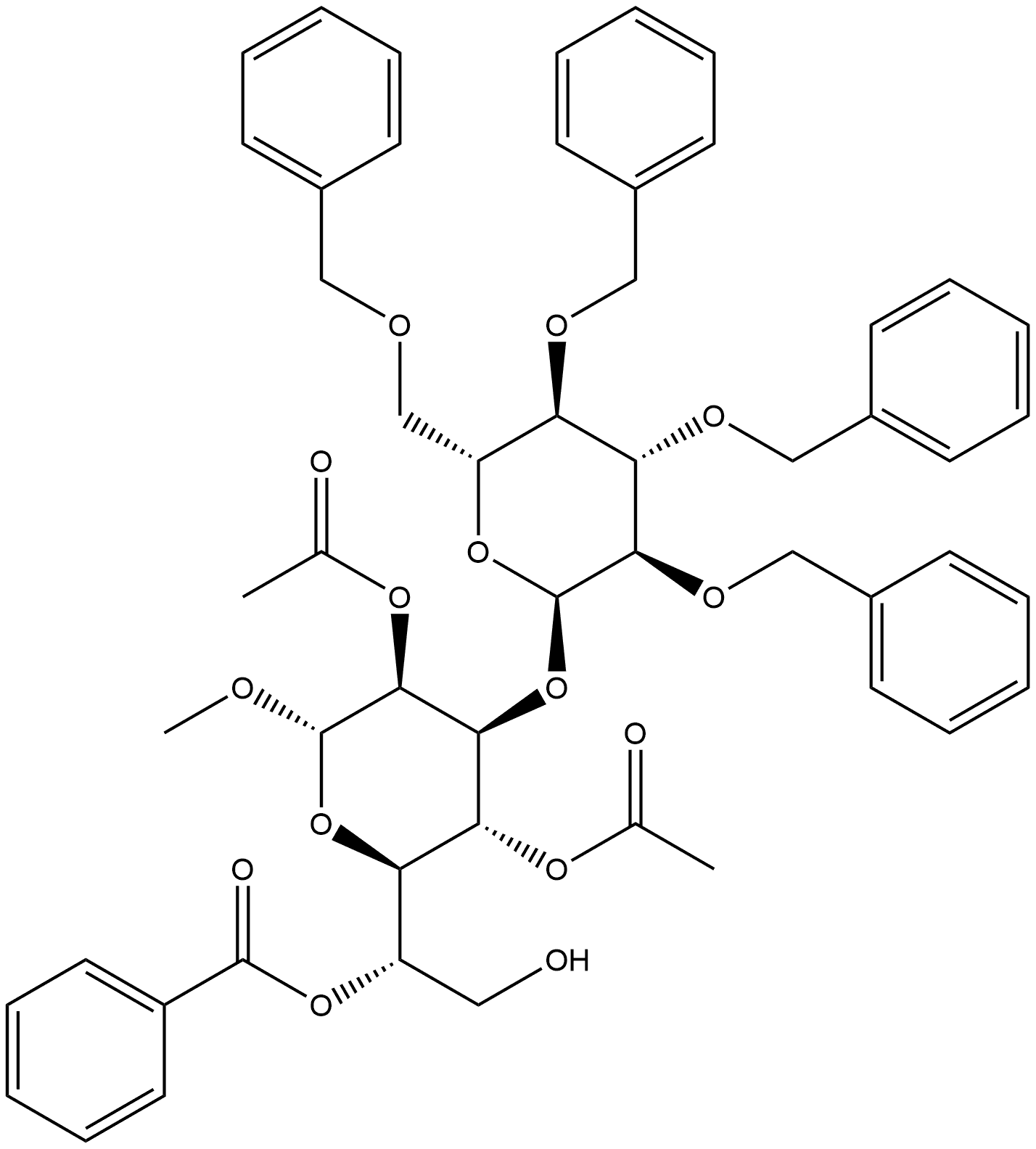 methyl 2,4-di-O-acetyl-6-O-benzoyl-3-O-(2,3,4,6-tetra-O-benzyl-α-D-glucopyranosyl)-L-glycero-α-D-manno-heptopyranoside 化学構造式