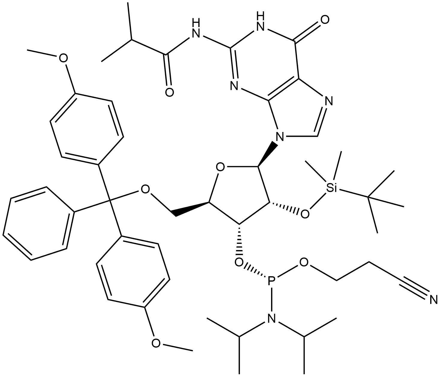 Guanosine, 5'-O-[bis(4-methoxyphenyl)phenylmethyl]-2'-O-[(1,1-dimethylethyl)dimethylsilyl]-N-(2-methyl-1-oxopropyl)-, 3'-[2-cyanoethyl bis(1-methylethyl)phosphoramidite], (R)- (9CI) 化学構造式