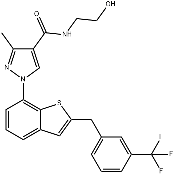 1H-Pyrazole-4-carboxamide, N-(2-hydroxyethyl)-3-methyl-1-[2-[[3-(trifluoromethyl)phenyl]methyl]benzo[b]thien-7-yl]- Struktur
