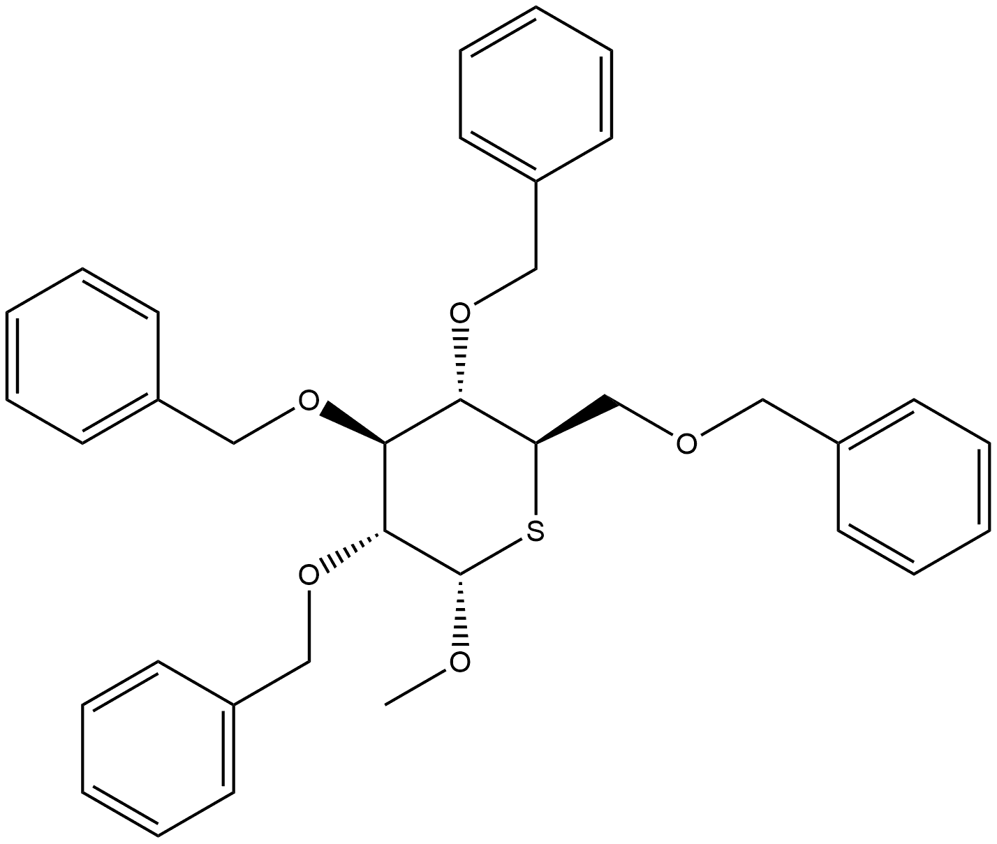 α-D-Glucopyranoside, methyl 2,3,4,6-tetrakis-O-(phenylmethyl)-5-thio- Struktur