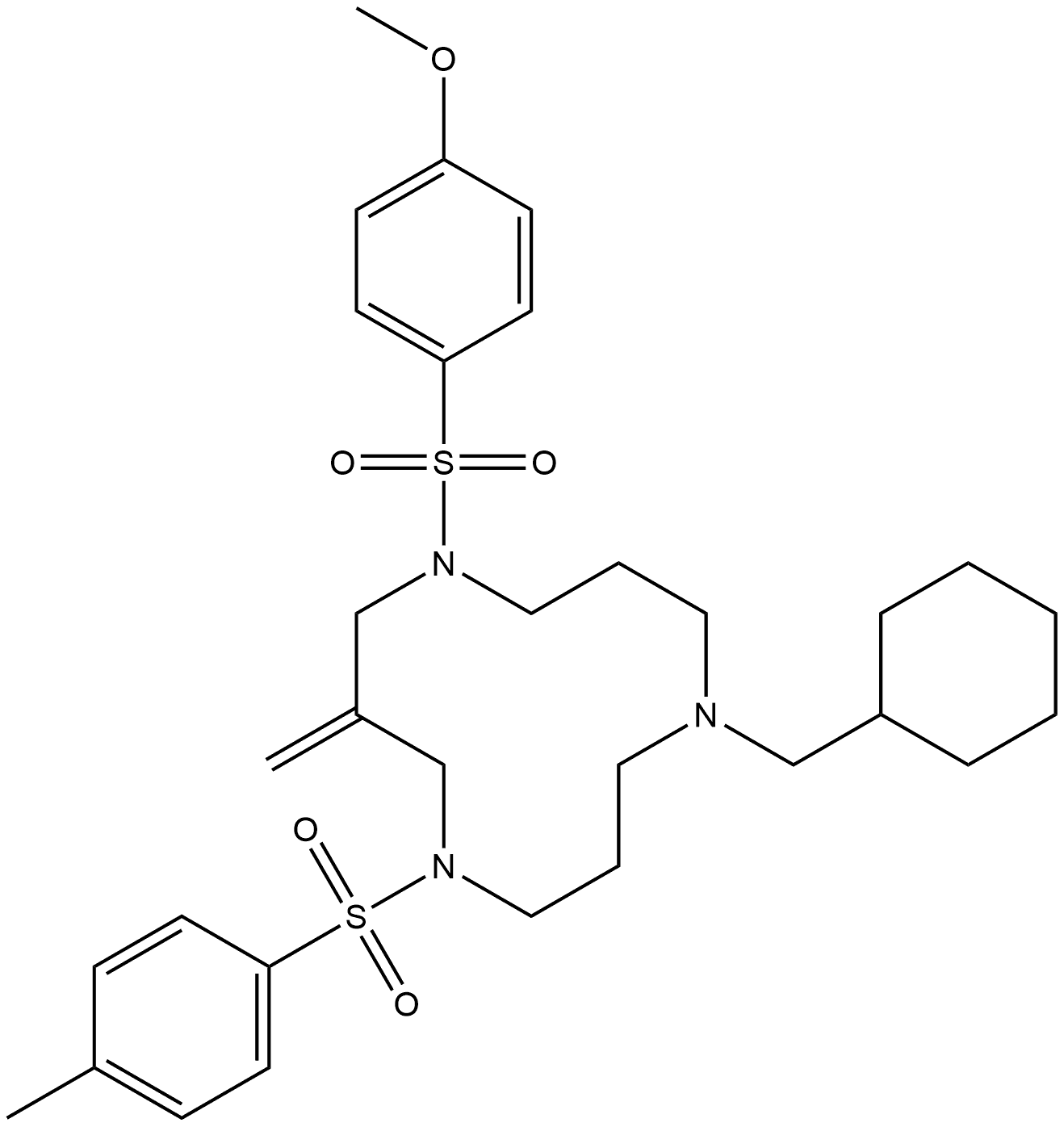 9-(Cyclohexylmethyl)-1-[(4-methoxyphenyl)sulfonyl]-3-methylene-5-[(4-methylphenyl)sulfonyl]-1,5,9-triazacyclododecane Struktur