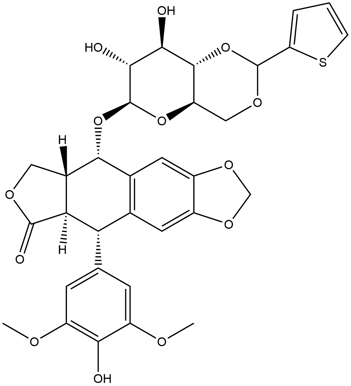 Furo[3',4':6,7]naphtho[2,3-d]-1,3-dioxol-6(5aH)-one, 5,8,8a,9-tetrahydro-5-(4-hydroxy-3,5-dimethoxyphenyl)-9-[[4,6-O-(2-thienylmethylene)-β-D-glucopyranosyl]oxy]-, [5R-[5α,5aβ,8aα,9β(S*)]]- (9CI) Structure