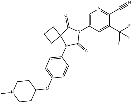 2-Pyridinecarbonitrile, 5-[5-[4-[(1-methyl-4-piperidinyl)oxy]phenyl]-8-oxo-6-thioxo-5,7-diazaspiro[3.4]oct-7-yl]-3-(trifluoromethyl)- Struktur