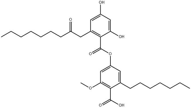 Benzoic acid, 2,4-dihydroxy-6-(2-oxononyl)-, 4-carboxy-3-heptyl-5-methoxyphenyl ester,133362-62-6,结构式