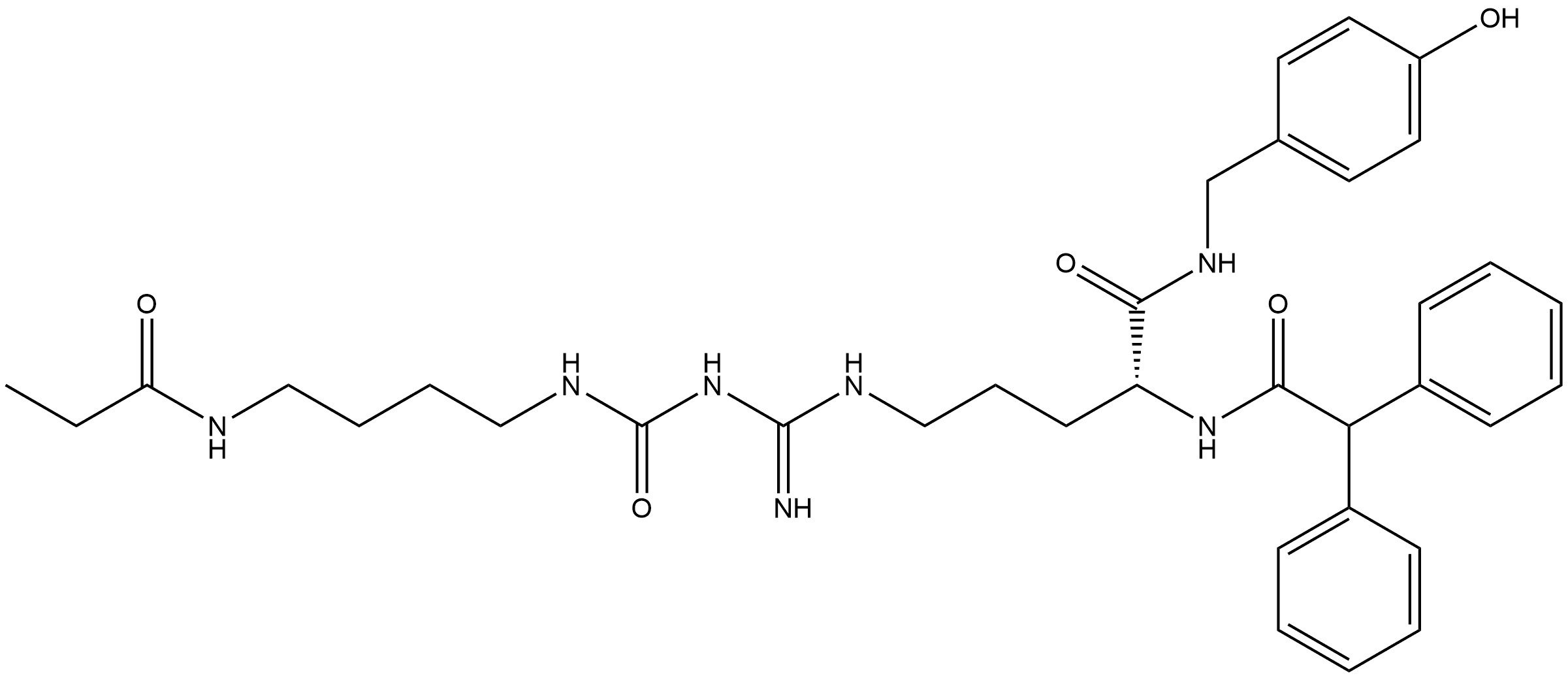 (2R)-2-[(2,2-Diphenylacetyl)amino]-N-[(4-hydroxyphenyl)methyl]-7-imino-9,16-dioxo-6,8,10,15-tetraazaoctadecanamide Struktur