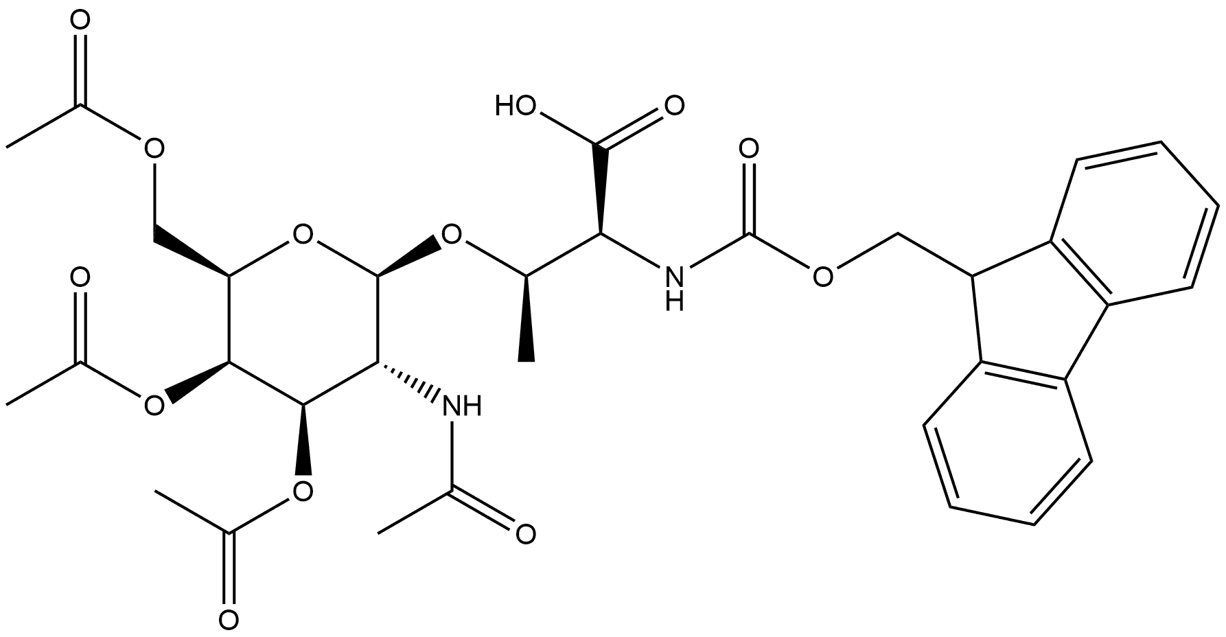 N-FMOC-O-(3,4,6,-TRI-O-ACETYL-2-ACETAMIDO-2-DEOXY-Β-D-GALACTOPYRANOSYL)-L-THREONINE, 133575-43-6, 结构式