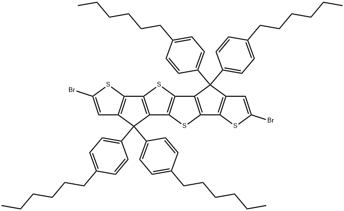 Thieno[3',2':4,5]cyclopenta[1,2-b]thieno[2'',3'':3',4']cyclopenta[1',2':4,5]thieno[2,3-d]thiophene, 2,7-dibromo-4,4,9,9-tetrakis(4-hexylphenyl)-4,9-dihydro- 化学構造式