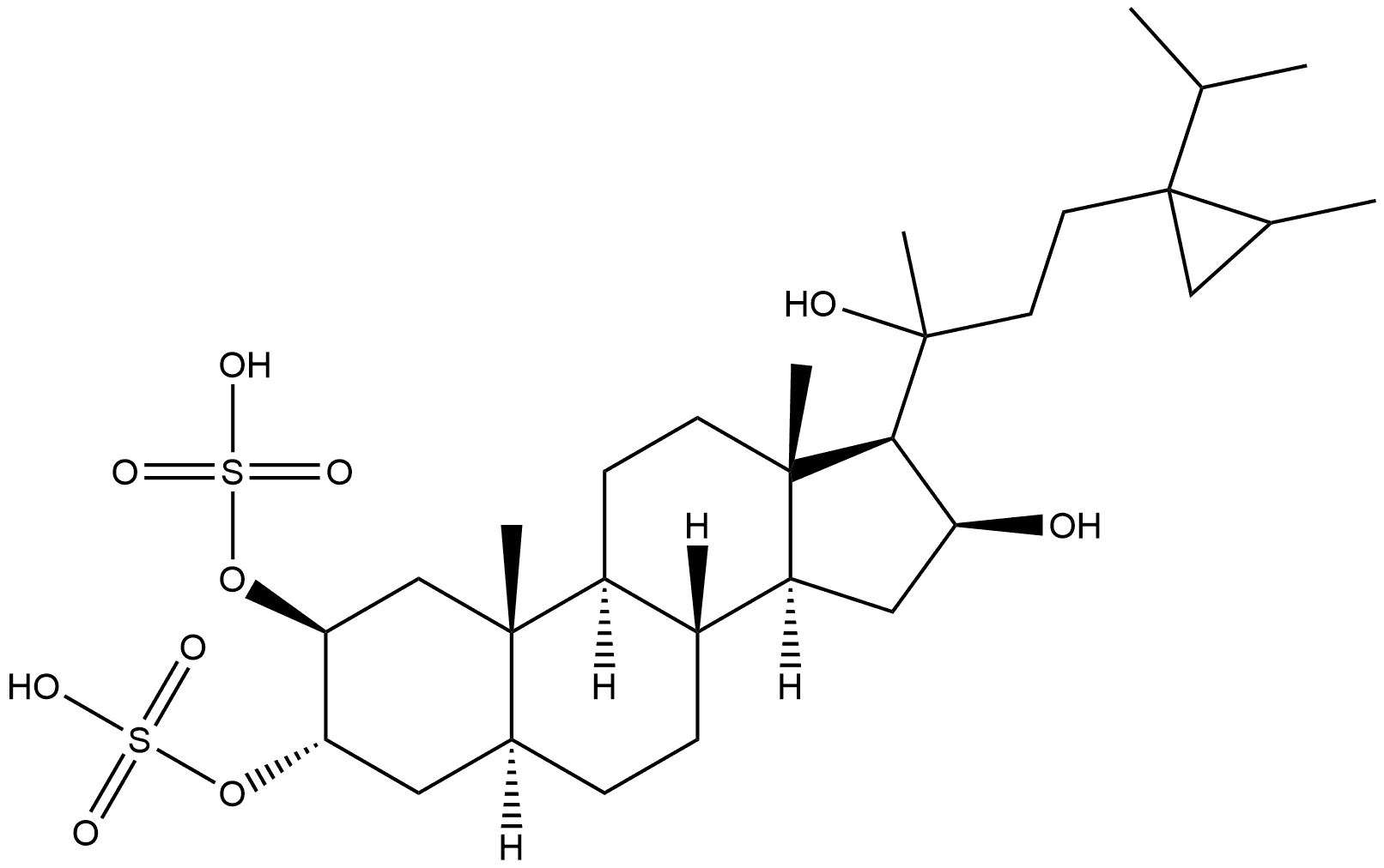 24-Norcholane-2,3,16,20-tetrol, 23-[2-methyl-1-(1-methylethyl)cyclopropyl]-, 2,3-bis(hydrogen sulfate), (2β,3α,5α,16β,20ξ)- (9CI),134515-53-0,结构式