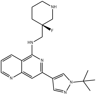 1,6-Naphthyridin-5-amine, 7-[1-(1,1-dimethylethyl)-1H-pyrazol-4-yl]-N-[[(3S)-3-fluoro-3-piperidinyl]methyl]- Structure