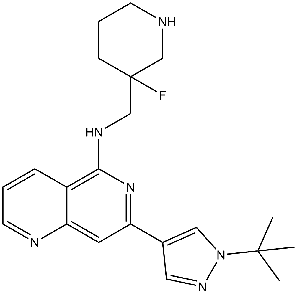 7-[1-(1,1-Dimethylethyl)-1H-pyrazol-4-yl]-N-[(3-fluoro-3-piperidinyl)methyl]-1,6-naphthyridin-5-amine,1345461-77-9,结构式