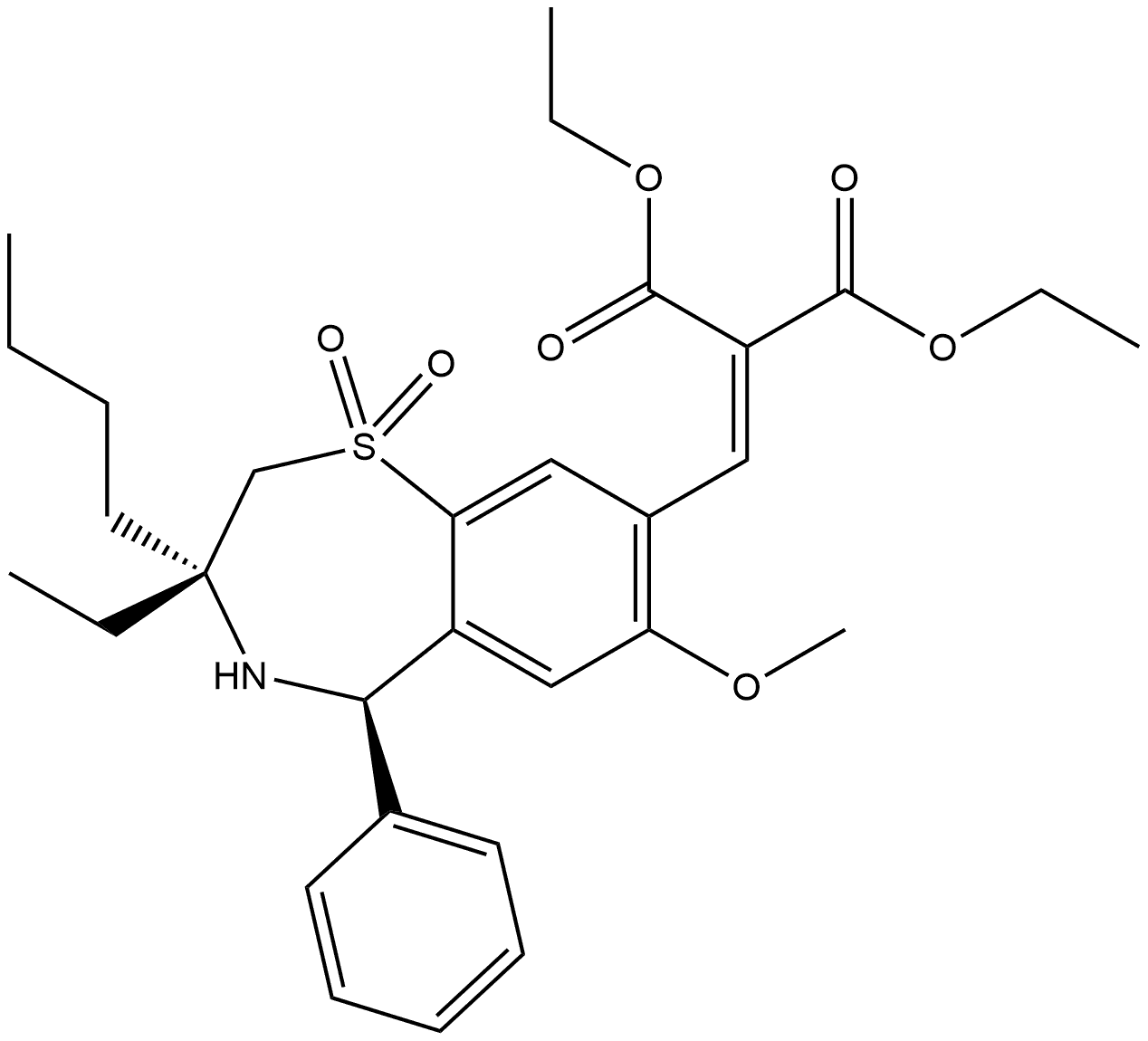 1,3-Diethyl 2-[[(3R,5R)-3-butyl-3-ethyl-2,3,4,5-tetrahydro-7-methoxy-1,1-dioxido-5-phenyl-1,4-benzothiazepin-8-yl]methylene]propanedioate 结构式