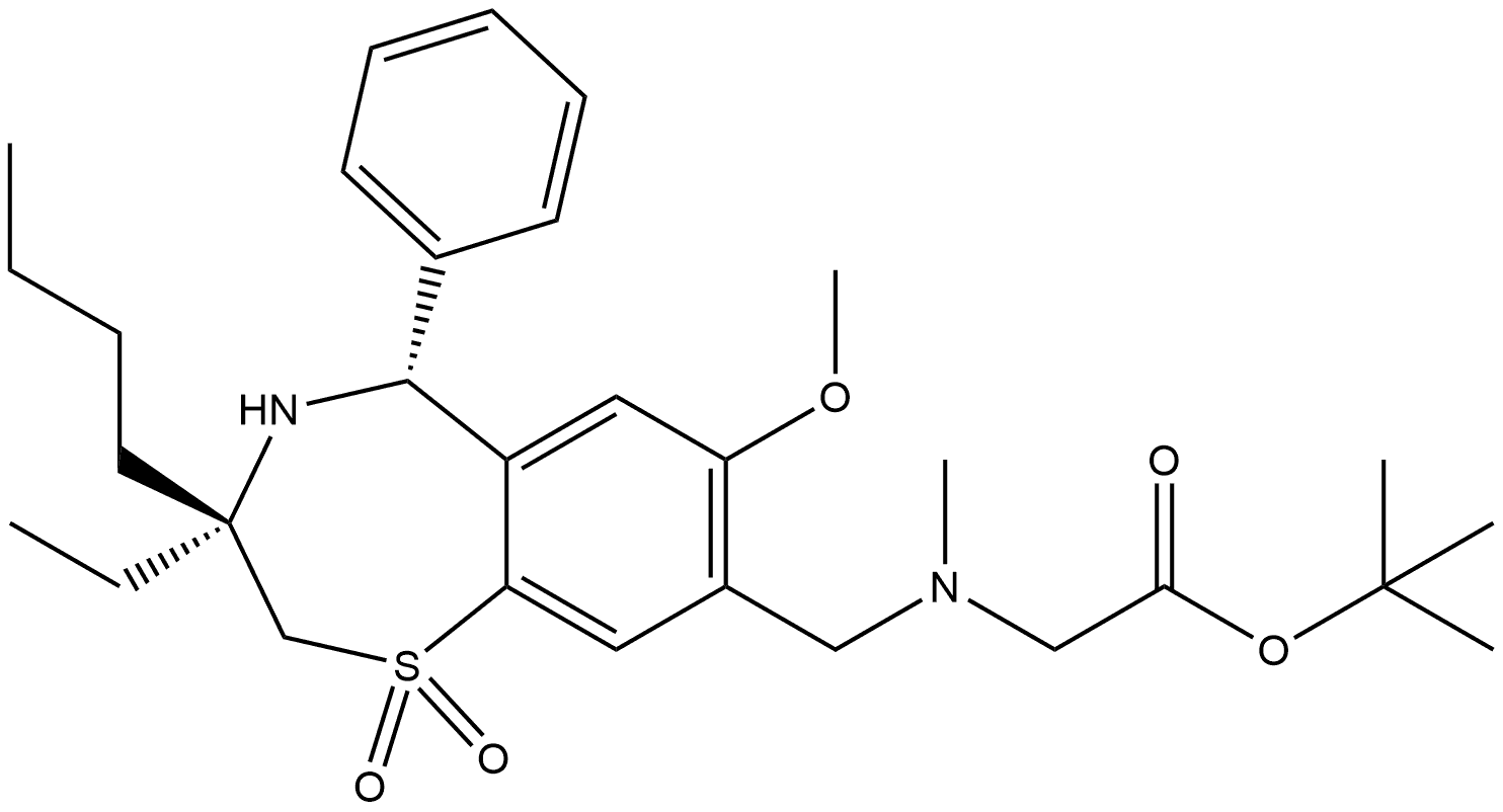 N-[[(3R,5R)-3-Butyl-3-ethyl-2,3,4,5-tetrahydro-7-methoxy-1,1-dioxido-5-phenyl-1,4-benzothiazepin-8-yl]methyl]-N-methylglycine 1,1-dimethylethyl ester Structure