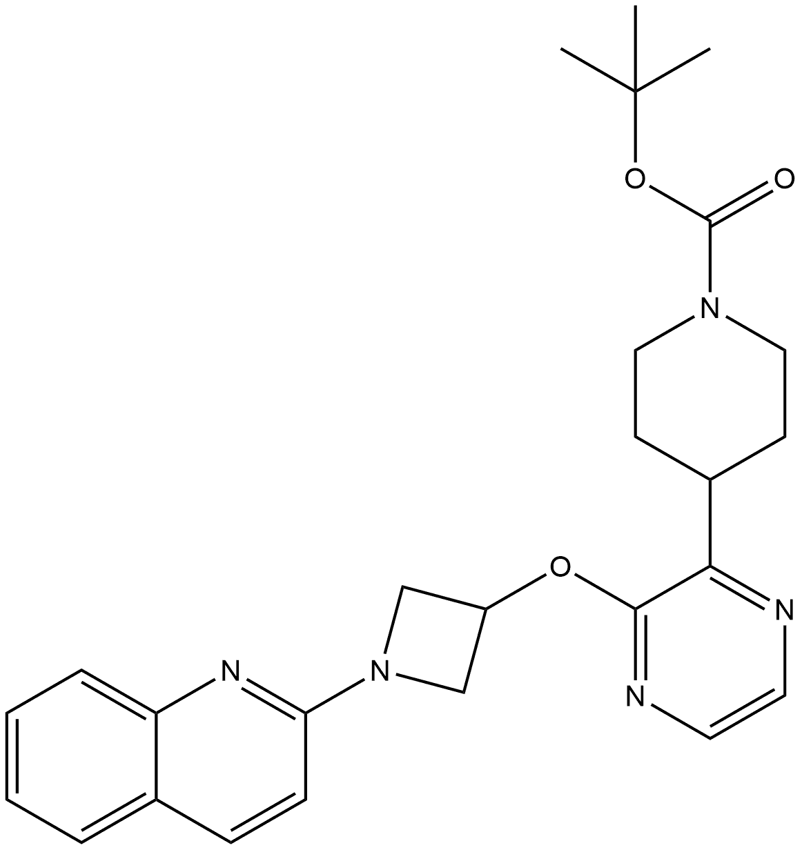 tert-Butyl 4-[3-[[1-(quinolin-2-yl)azetidin-3-yl]oxy]pyrazin-2-yl]piperidine-1-carboxylate 化学構造式