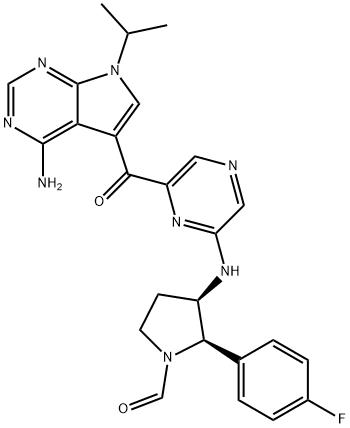 1-Pyrrolidinecarboxaldehyde, 3-[[6-[[4-amino-7-(1-methylethyl)-7H-pyrrolo[2,3-d]pyrimidin-5-yl]carbonyl]-2-pyrazinyl]amino]-2-(4-fluorophenyl)-, (2R,3R)- Struktur