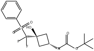 Carbamic acid, N-[cis-3-[difluoro(phenylsulfonyl)methyl]-3-hydroxycyclobutyl]-, 1,1-dimethylethyl ester 化学構造式