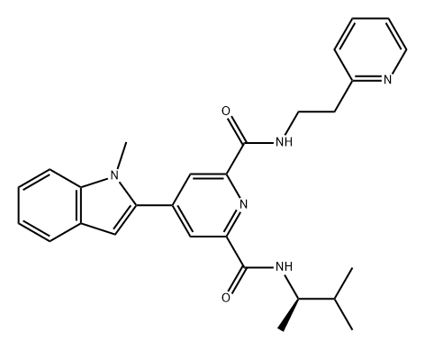 2,6-Pyridinedicarboxamide, N2-[(1R)-1,2-dimethylpropyl]-4-(1-methyl-1H-indol-2-yl)-N6-[2-(2-pyridinyl)ethyl]-,1355594-85-2,结构式