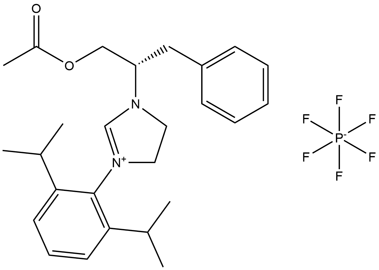 1-(1-acetoxy-3-phenylpropan-2-yl)-3-(2,6-diisopropylphenyl)-4,5-dihydro-1H-imidazol-3-ium Structure