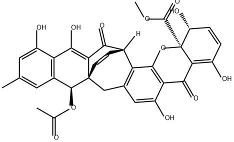 17aH-8a,16-Ethenonaphtho[2',3':5,6]cyclohepta[1,2-c]xanthene-17a-carboxylic acid, 9-(acetyloxy)-1,5,8,9,15,16-hexahydro-1,4,6,13,14-pentahydroxy-11-methyl-5,15-dioxo-, methyl ester, (1R,8aR,9S,16S,17aR)- Struktur