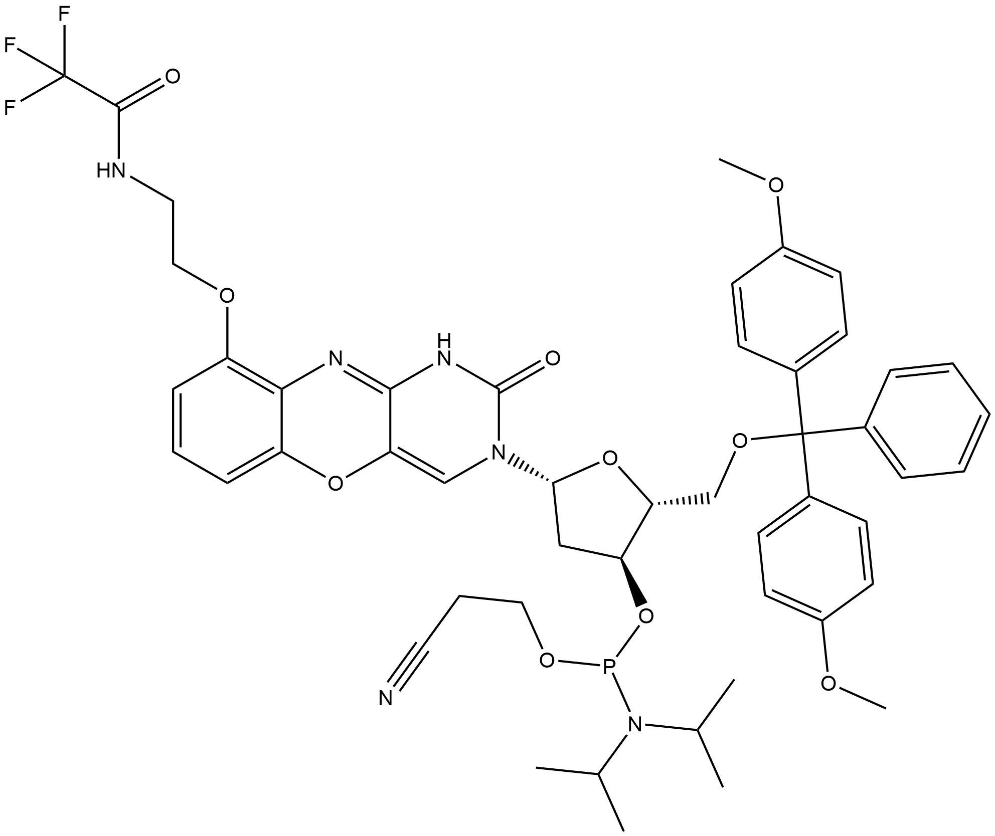 Acetamide, N-[2-[[3-[5-O-[bis(4-methoxyphenyl)phenylmethyl]-3-O-[[bis(1-methylethyl)amino](2-cyanoethoxy)phosphino]-2-deoxy-β-D-erythro-pentofuranosyl]-2,3-dihydro-2-oxo-1H-pyrimido[5,4-b][1,4]benzoxazin-9-yl]oxy]ethyl]-2,2,2-trifluoro-,1360536-91-9,结构式