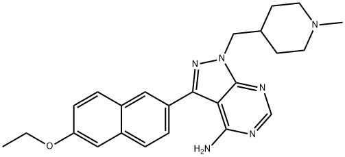 3-(6-乙氧基萘-2-基)-1-((1-甲基哌啶-4-基)甲基)-1H-吡唑并[3,4-D]嘧啶-4-胺,1363386-66-6,结构式