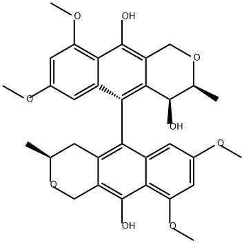 [5,5'-Bi-1H-naphtho[2,3-c]pyran]-4,10,10'-triol, 3,3',4,4'-tetrahydro-7,7',9,9'-tetramethoxy-3,3'-dimethyl-, (3S,3'S,4S,5S)-,136565-70-3,结构式