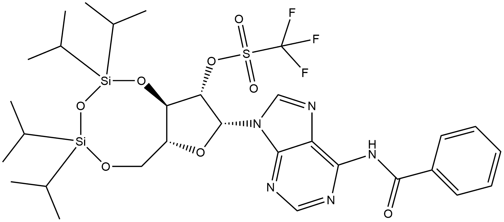 Benzamide, N-[9-[3,5-O-[1,1,3,3-tetrakis(1-methylethyl)-1,3-disiloxanediyl]-2-O-[(trifluoromethyl)sulfonyl]-β-D-arabinofuranosyl]-9H-purin-6-yl]- Structure